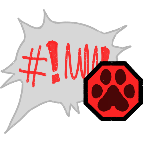 A spikey speech bubble with red symbols, including a hashtag and exclamation mark, indicating strong emotions or censored words. Next to it is a red stop sign with a paw print inside it